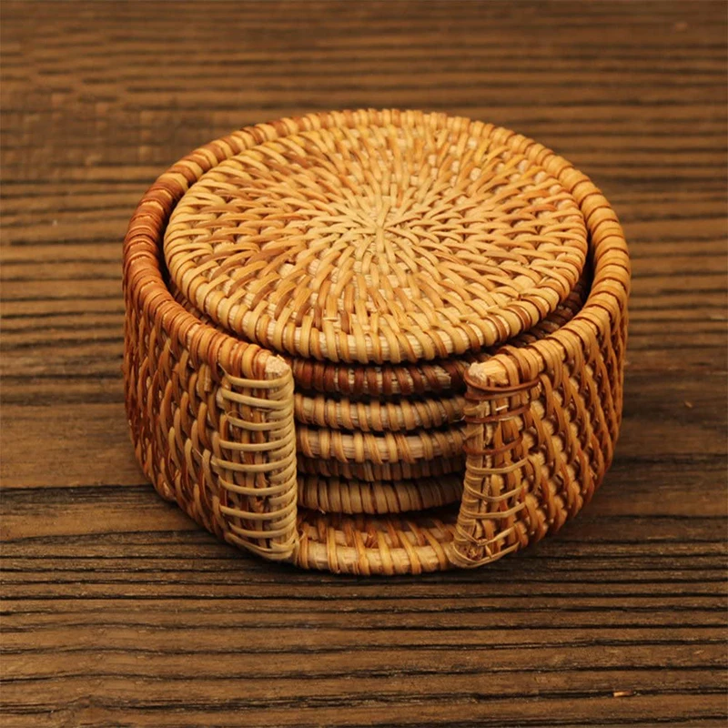 6Pcs Coaster Natural Material Fashion Saucer Set Rattan Coaster Insulation Pad Fashion Superposition Storage Traditional Crafts