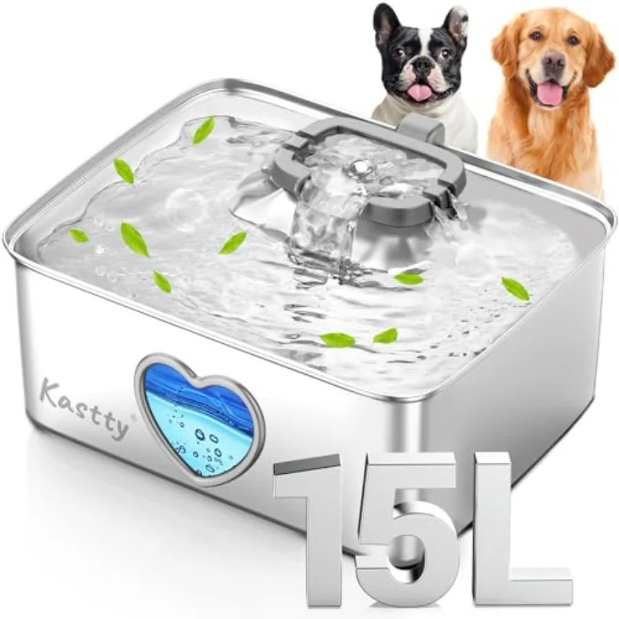 

15L/4Gal Dog Water Fountain Stainless Steel Pet Water Bowl Dispenser with Visual Window Automatic Dual-Color LED 5-Stage Filtra