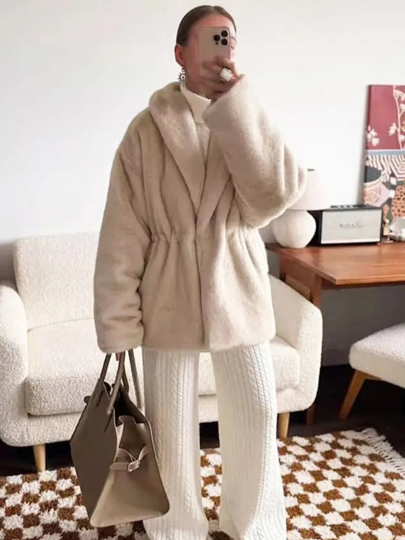 ZADORIN Luxury Faux Mink Fur Coat Women Elegant Drawstring Waist Loose Thickened Mid Long Plush Fur Jackets Trendy Winter Coats