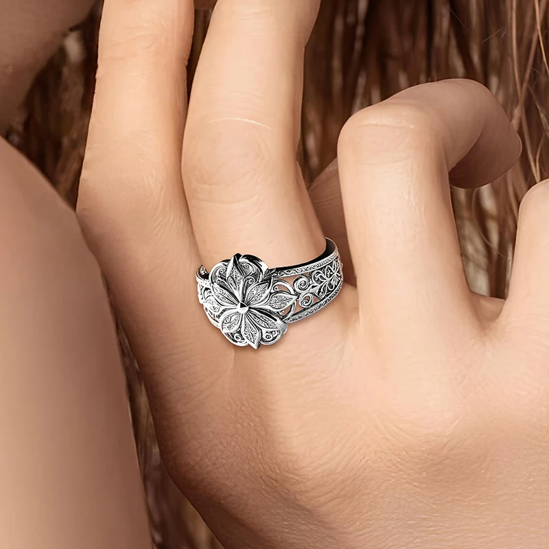 Huitan Wunderschöner Damenring, ästhetisches Blumen-Gravur-Design, trendiges Zubehör für Party, Hochzeit, bezaubernder, schicker Schmuck, Geschenk für Damen – Detail 6