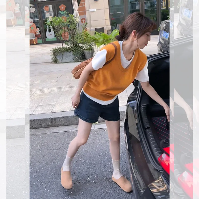 Sweet Korean Knitted Sleeveless Camisole Top O-neck Knitwear Tank Shoulder Vest for Women