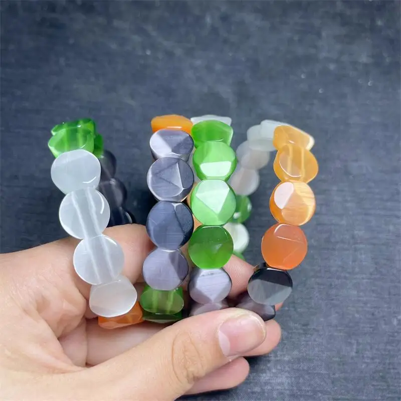 

12MM Natural Colored Cat Eye Stone Bangle Handmade Crystal Quartz Jewelry Stretch Bangle Children Birthday Gift 1pcs