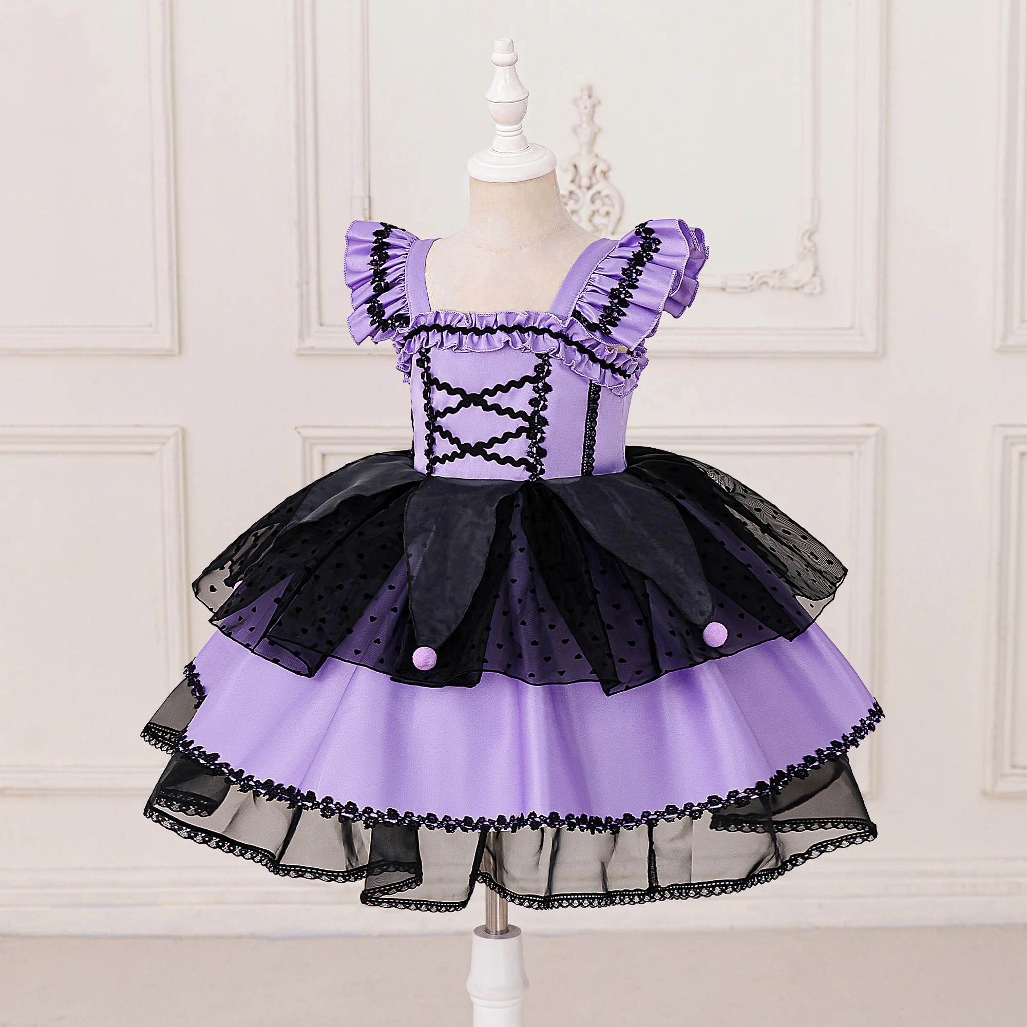 Schwarzes und lila süßes, cooles Lolita-Prinzessinnenkleid für Mädchen, flauschiges, gestuftes Partykleid – Detail 4