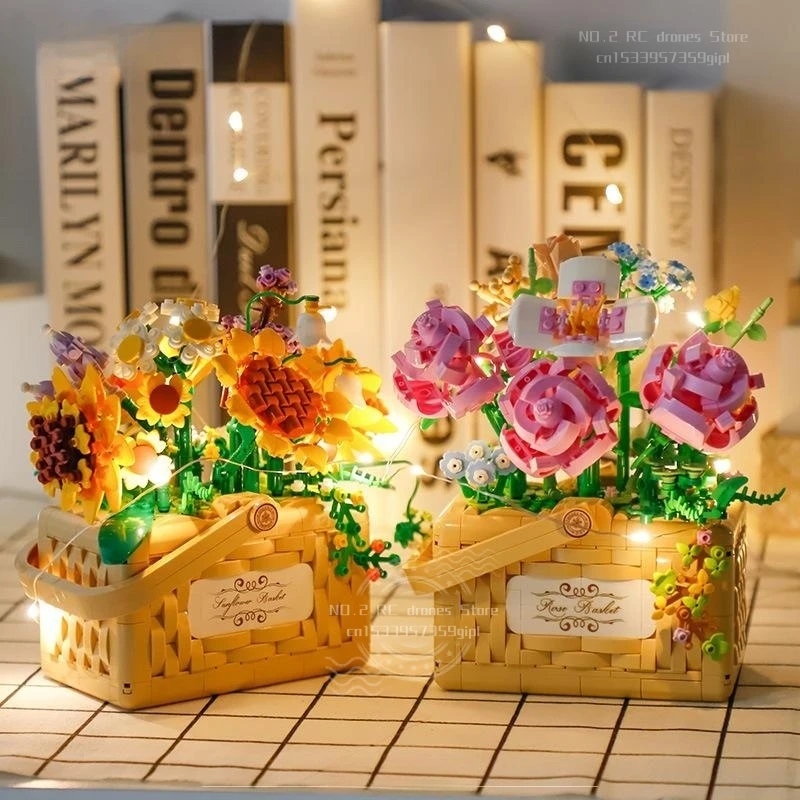 1000+PCS Diy Sunflower Rose Blue Puzzle Handmade Building Blocks Desktop Decoration with Light Assembling Toys Girls Gifts