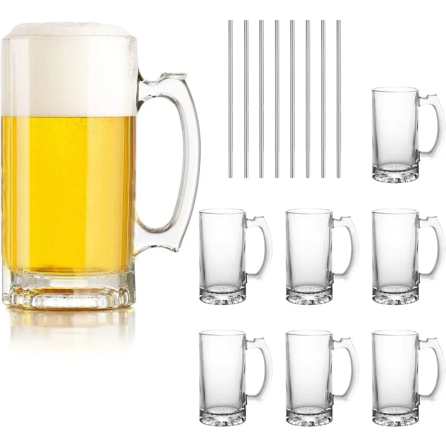 

Set of 8 Large 16oz Glass Mugs with Handle 500ml Beer Glasses Designed for Freezer Use Durable Drinking Glasses for Bar Alcohol