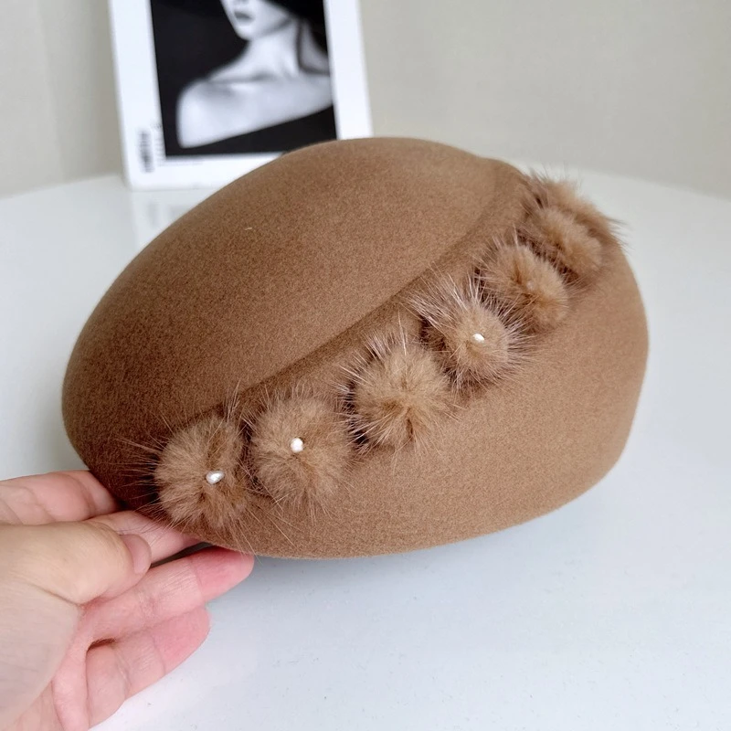 high-end-temperament-true-cute-fur-pompon-lady-dome-top-hat-women-autumn-winter-party-hat-beret-fashion-street-photo-hat