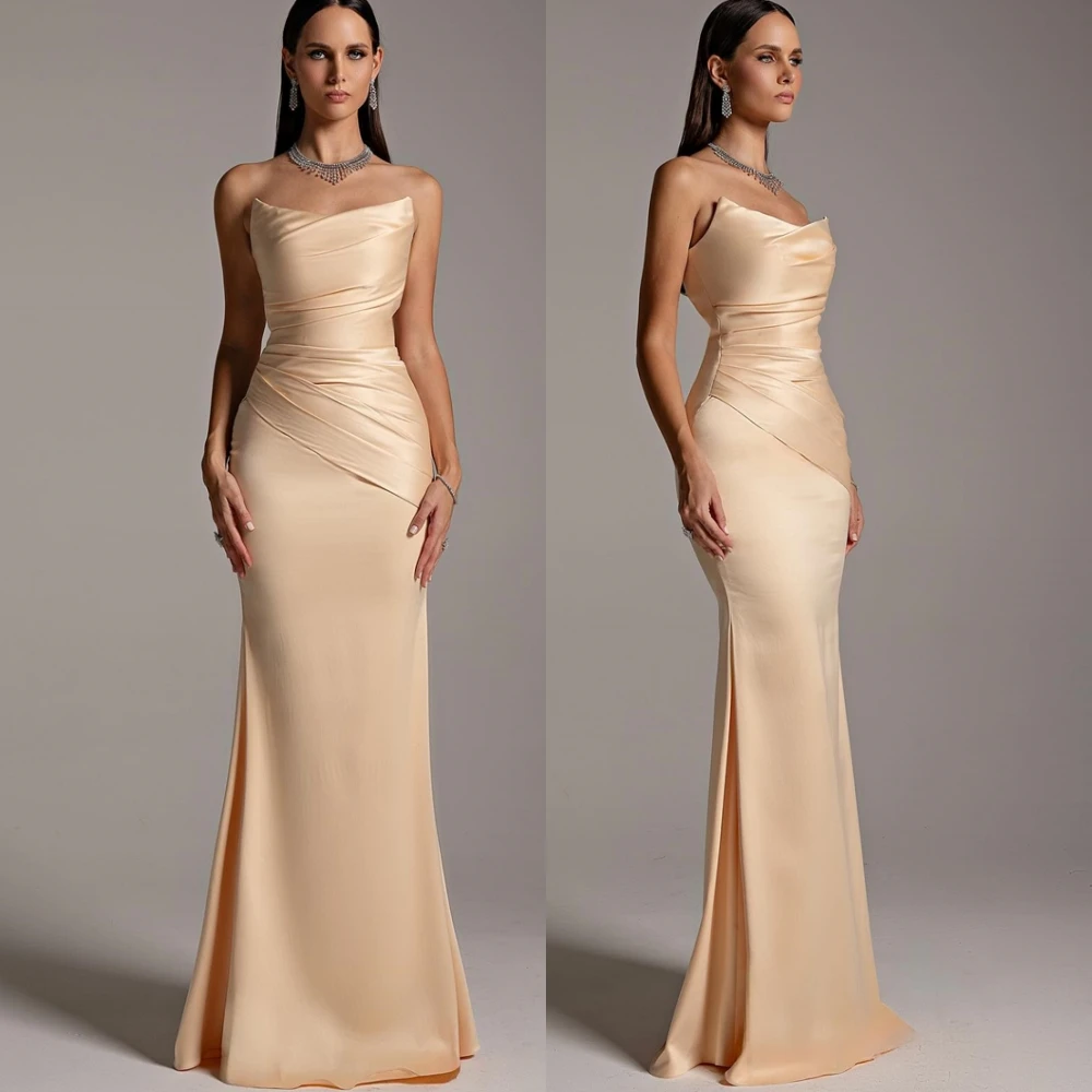 ที่กําหนดเอง Strapless ซาติน Mermaid ชุดราตรีที่ละเอียดอ่อนความยาวชั้น Party Dresses อารมณ์พิเศษโอกาส Gowns