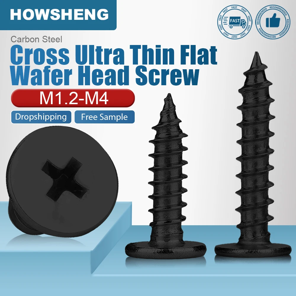 M2 M3 M4 Black Cross Ultra Thin Flat Wafer Head Self-tapping Screw CA Screws Carbon Steel Phillips Ultrathin Wood Screw
