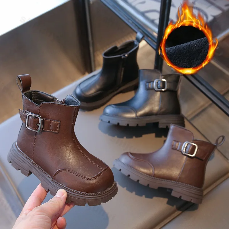 

Детские ботильоны, осень-зима 2024, новые кожаные ботинки для мальчиков и девочек, универсальные детские короткие ботинки на мягкой подошве на молнии в стиле ретро в британском стиле