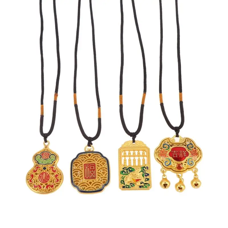 Premium Sand Gold Flower Wire Hollow Lucky Charm Bag Gourd Necklace Wealth Attracting Peace Lock Longevity Lock