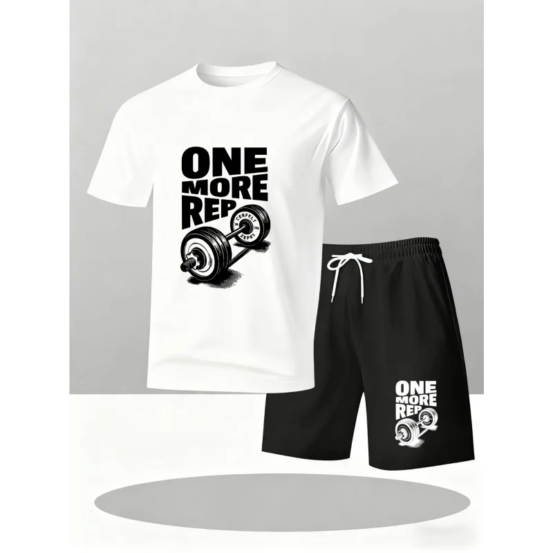 

2026 New Men's "ONE MORE REP" Gym-Themed Outfit! Two-Piece Set with Barbell Elements + Motivational Slogan Prints