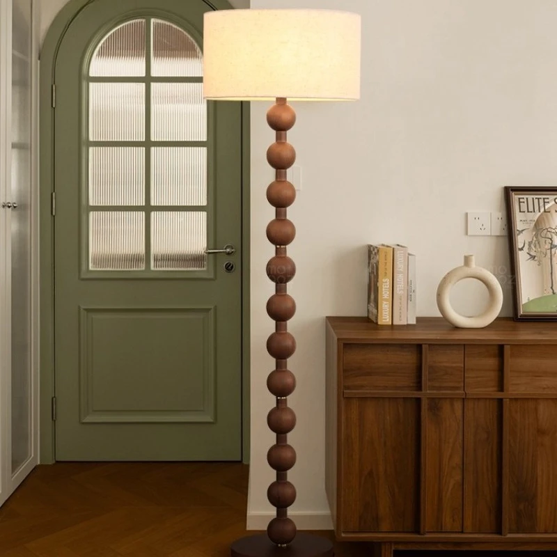 American Wooden Bead LED Floor Lamps Rotundity Fabric Lampshade Living Room Bedroom Restaurant Office Atmosphere Standing Lights