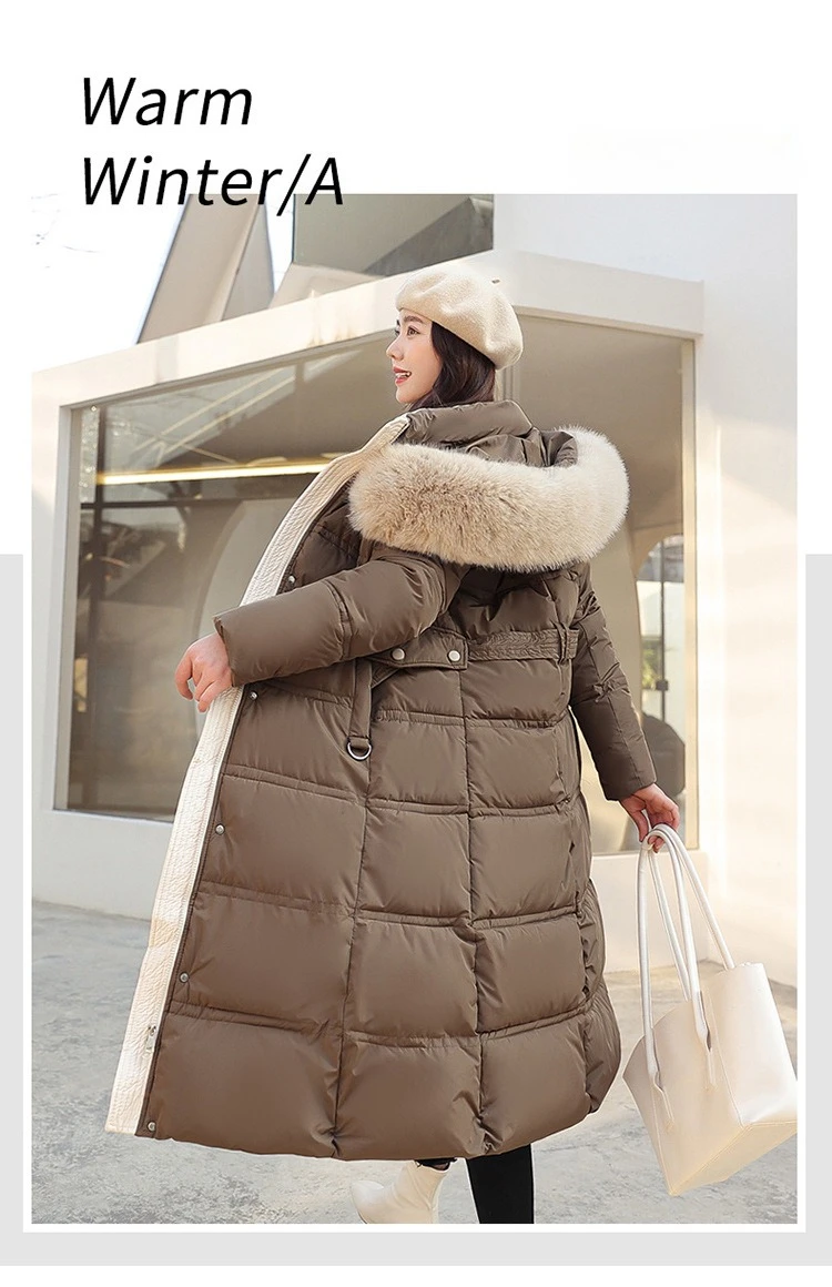 Long down cotton-padded clothes, women's new thickened cotton-padded clothes, hooded big fur collar, and cold-proof jacket.