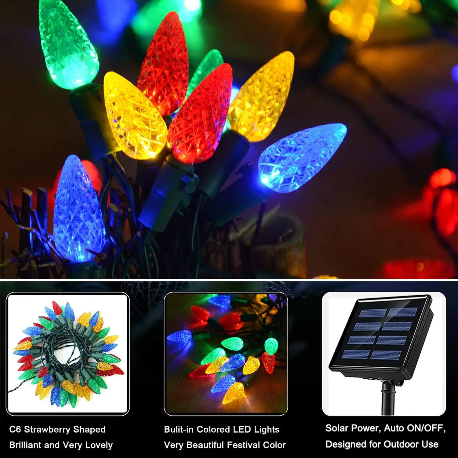 Luci di natale solari Outdoor C6 Strawberry Solar String Lights 50/100LED Fairy Lights per l\'albero di natale Holiday Party Decor