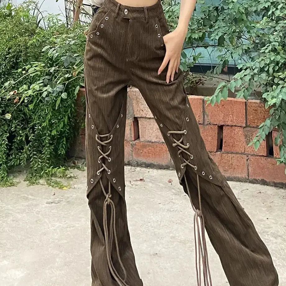 Bell-Bottoms Lace Up Design High Waist American Vintage Style Straight Leg Trousers Harajuku Fashion Y2k Streetwear Trousers