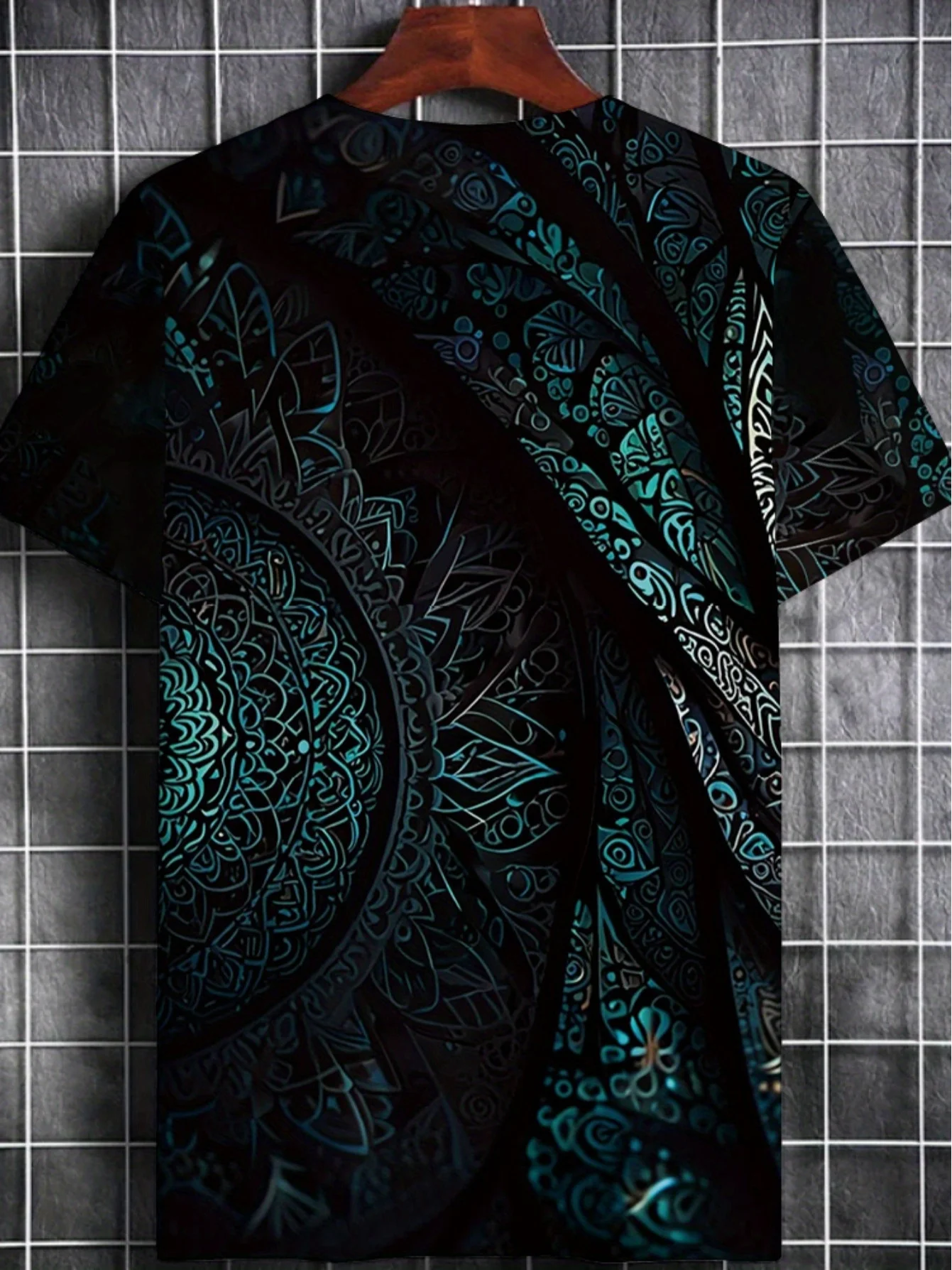 Men Vintage Teal Mandala Floral Pattern Print Crew Neck T-shirt Summer Soft Short Sleeve Casual Fashion Top
