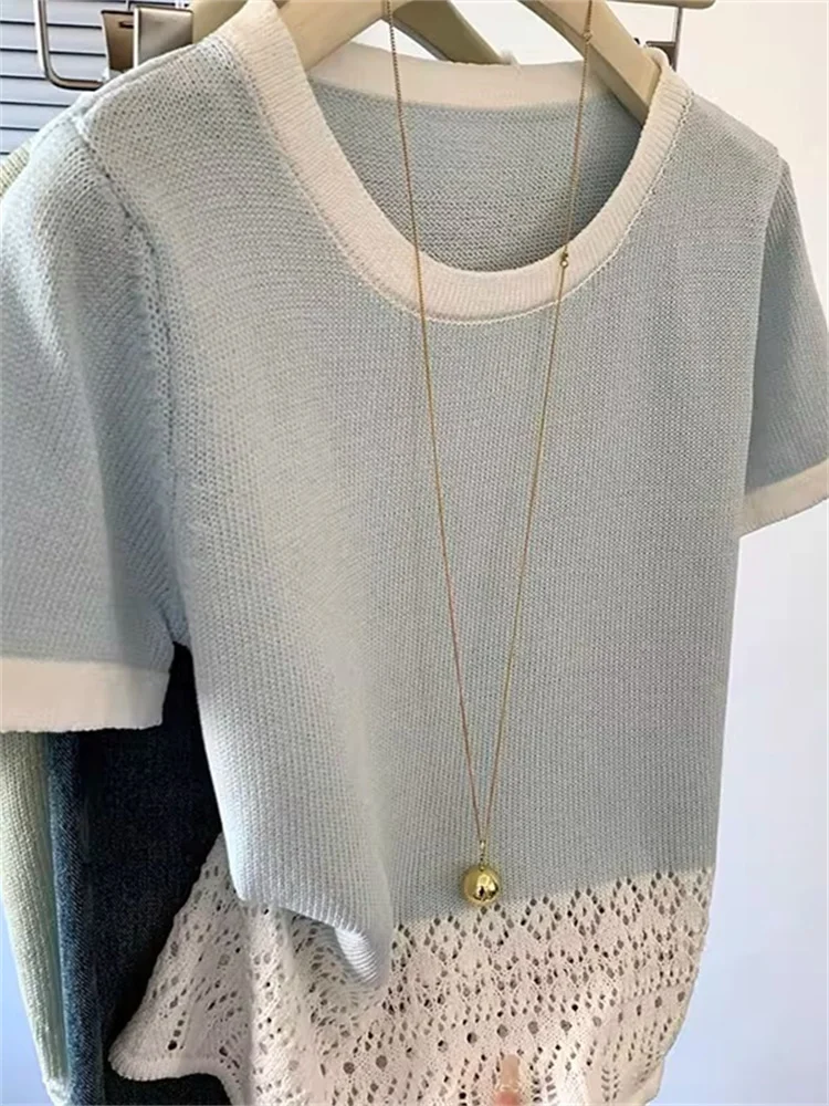 Faionable Fre Lace Trim ort Sve T-irt ex Summer Color Blo round Ne Top Men's Women's Commute Sle Korean ...