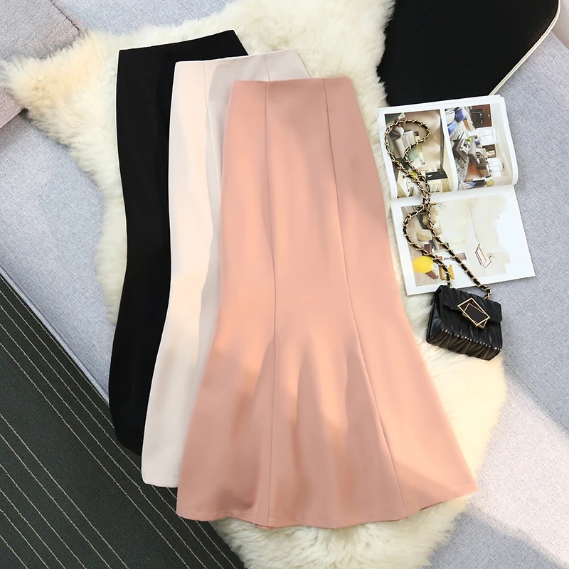 

Seoulish Solid Color Mermaid Women's Skirts 2024 Spring Summer New High Waist Vintage Office Lady Pencil Mid Skirts Female