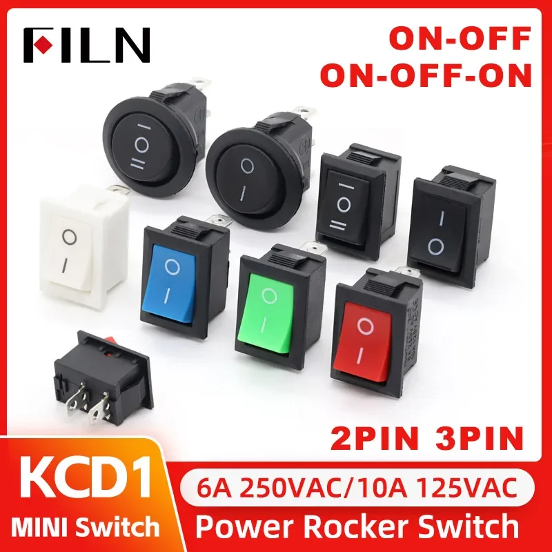 FILN 1Pcs 5Pcs 20Pcs KCD1-101 MRS-101 2Pins on Off Mini Rocker Switch 10A 125VAC Snap in for Easy Installation 21x15mm 6A 250VAC