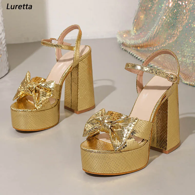 Сандалии на платформе Luretta Metallic Gold с бантом — туфли ручной работы на массивном каблуке для коктейльной вечеринки, размер США 35–42