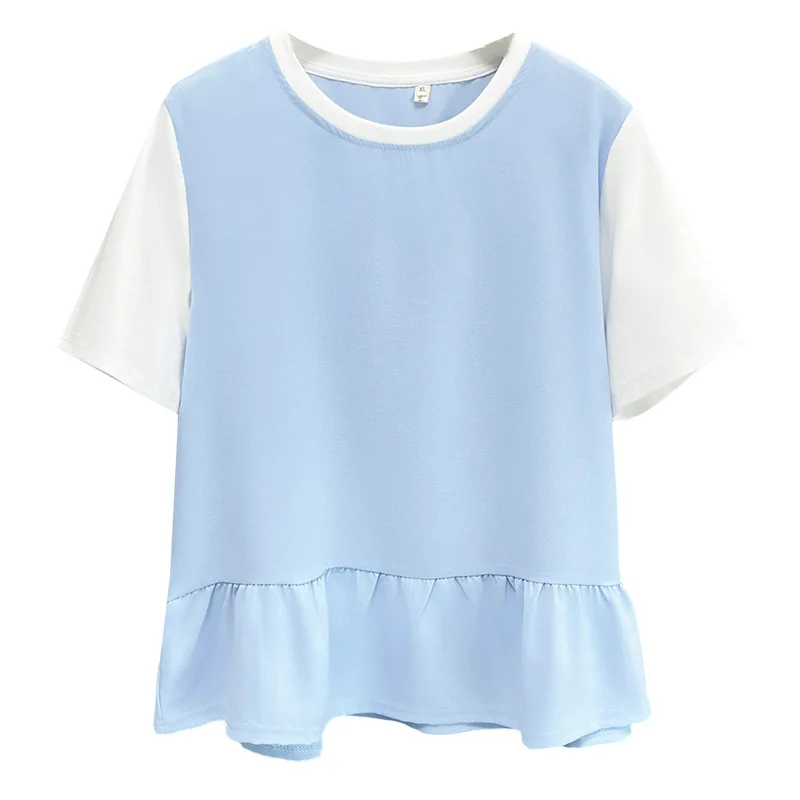 

Plus Size Women Top New Summer Fashion Patchwork Ice Silk Short Sleeve Tees 100KG Casual T-shirt 980