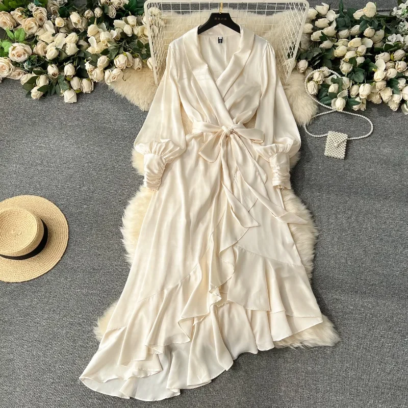 OCEANLOVE abiti lunghi irregolari Solid Office Lady Ruffles elegante primavera autunno abiti Mujer Fashion Simple Women Dress