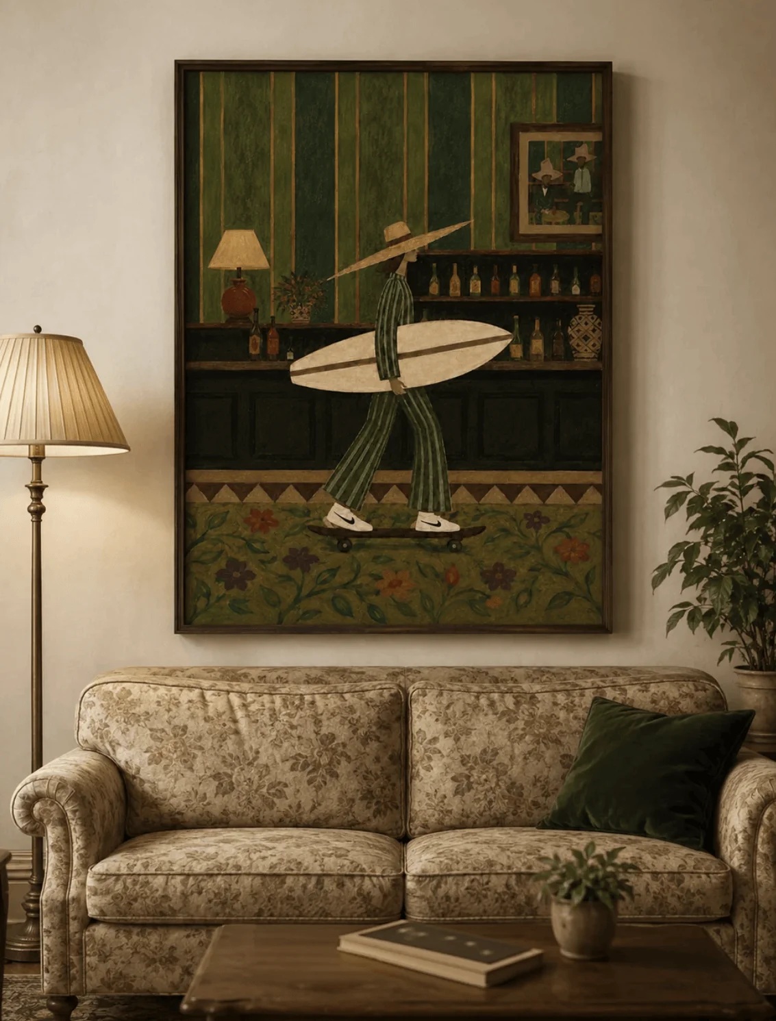 Boho Surfer Woman Skateboard Wall Art Canvas Prints, Tropical Retro Posters, Earthy Decor for Living Room Bedroom Entryway Decor