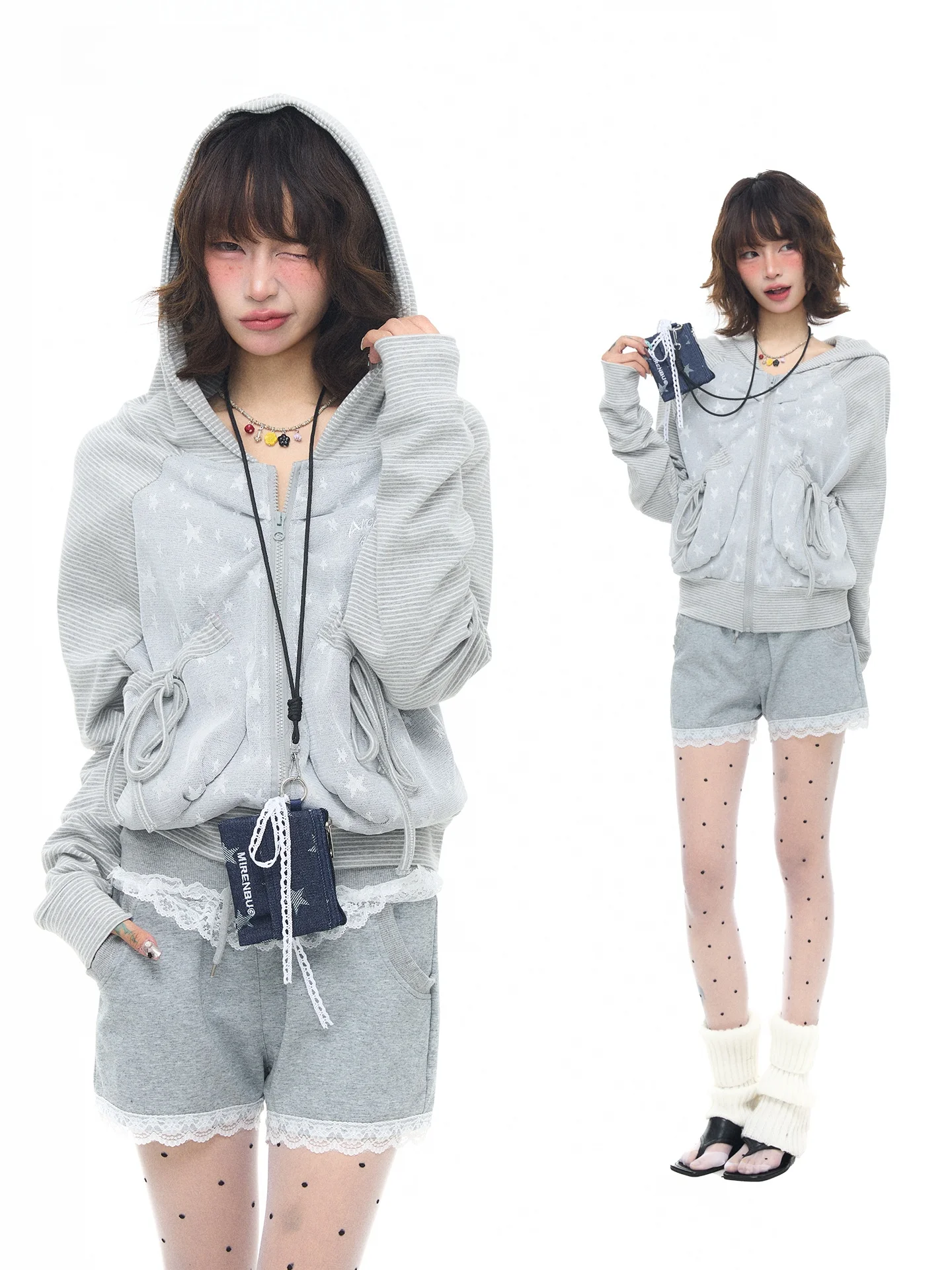 

Женская толстовка Astrsk Sweet Korean Sle с капюшоном, весенний дизайн, со звездами и полосками, комбинированная, верхняя одежда, кардиган с длинными рукавами на молнии