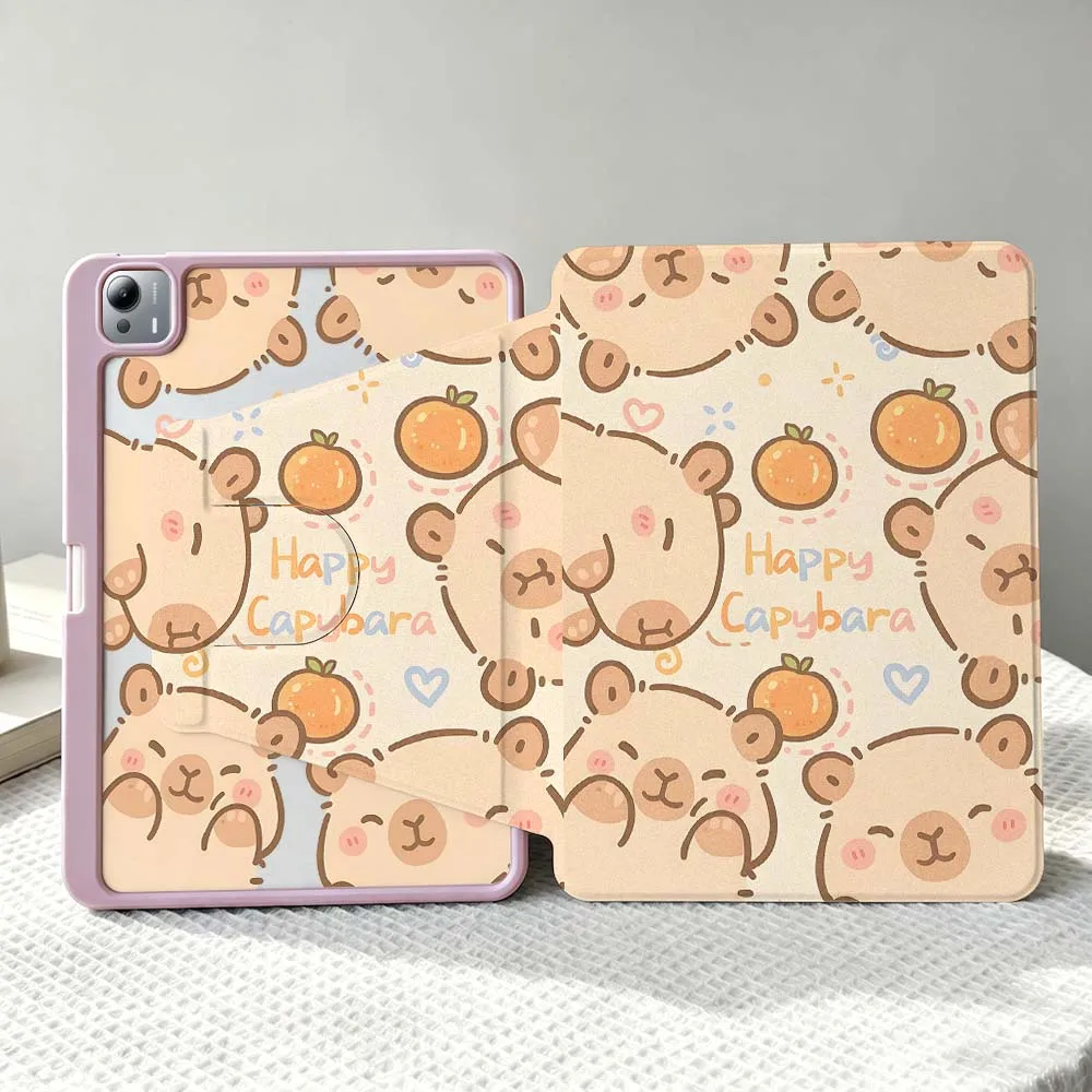 Capybara Pattern For Xiaomi Mi Redmi Poco Pad 8 7 7S 6 6S 5 SE Pro Ultra 360° Rotation Stylus Storage Tablet Case Soft