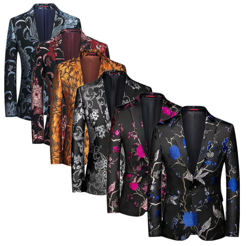 

New Men Fashion Trend Wedding Party Jacquard Suit Jacket Single-breasted Slim Blazer Singer Host Stage Performance Dress Coats