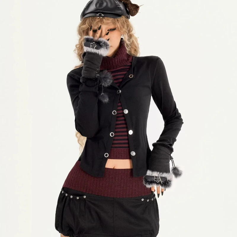 Cárdigan de punto falso de dos piezas con cuello alto para mujer, conjuntos de Falda corta con empalme a rayas adelgazantes originales, primavera 2026