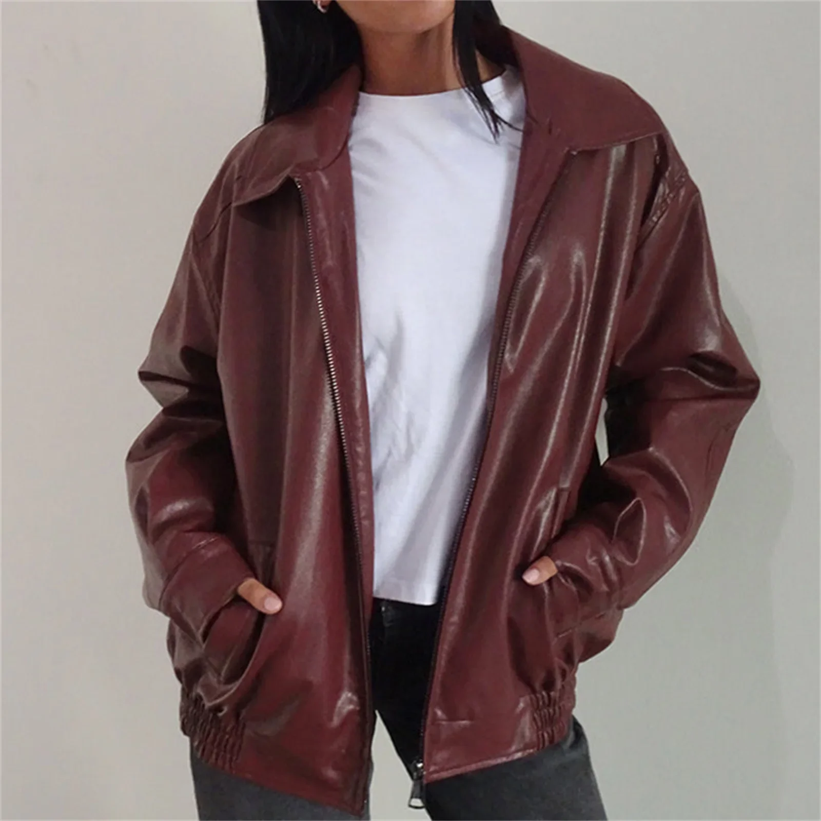 

Womens Oversized Zip Up Leather Jackets Faux Motorcycle Bomber Coats Fall Fashion Outfits Winter Clothes