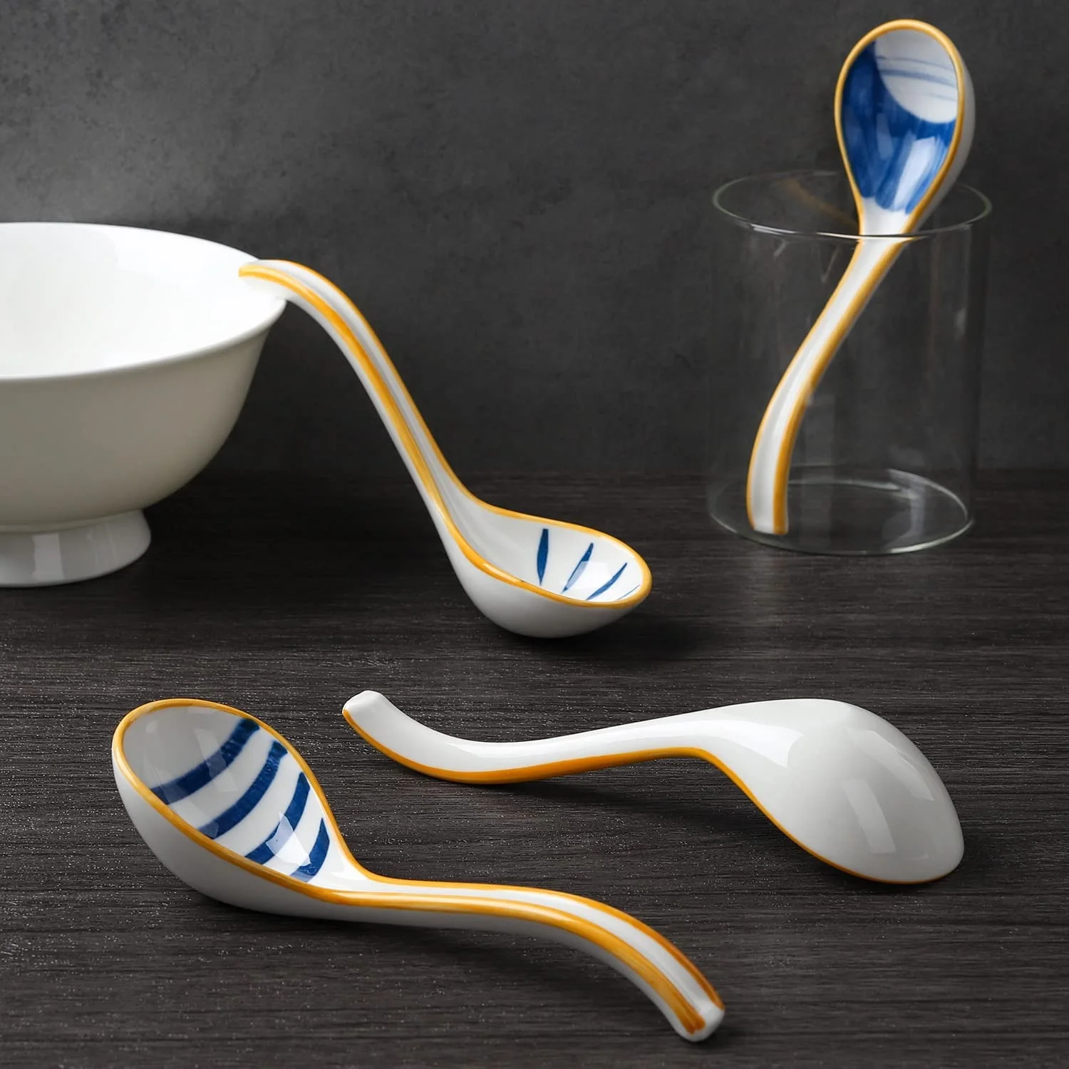 Ceramics Soup Spoons Japanese Soup Spoon Long Handle Soup Spoons for Pho Ramen Noodles Wonton Dumpling Rice