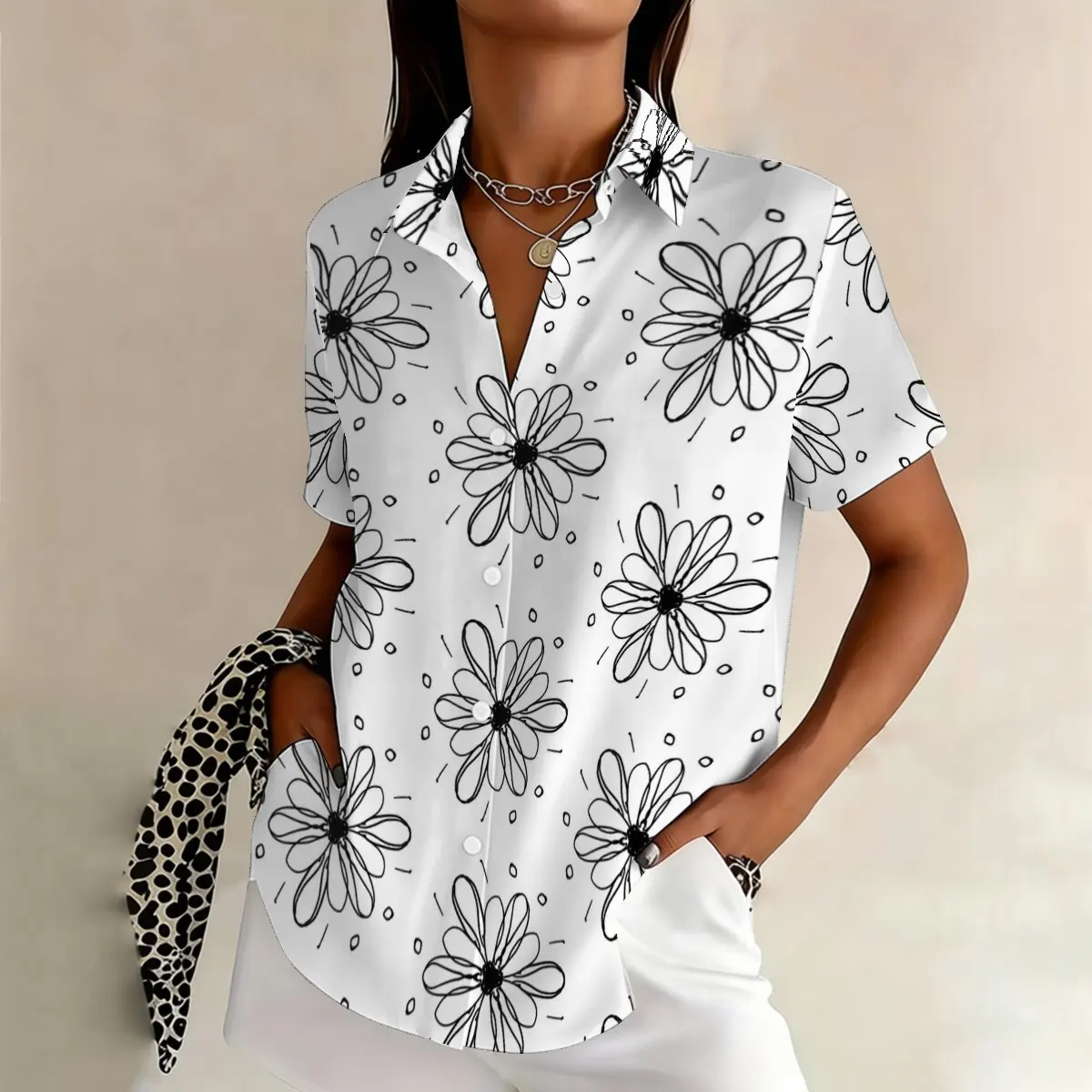 

Plus-size women's printed short-sleeved shirt, elegant print, loose fit, slimming, suitable for everyday wear and dates
