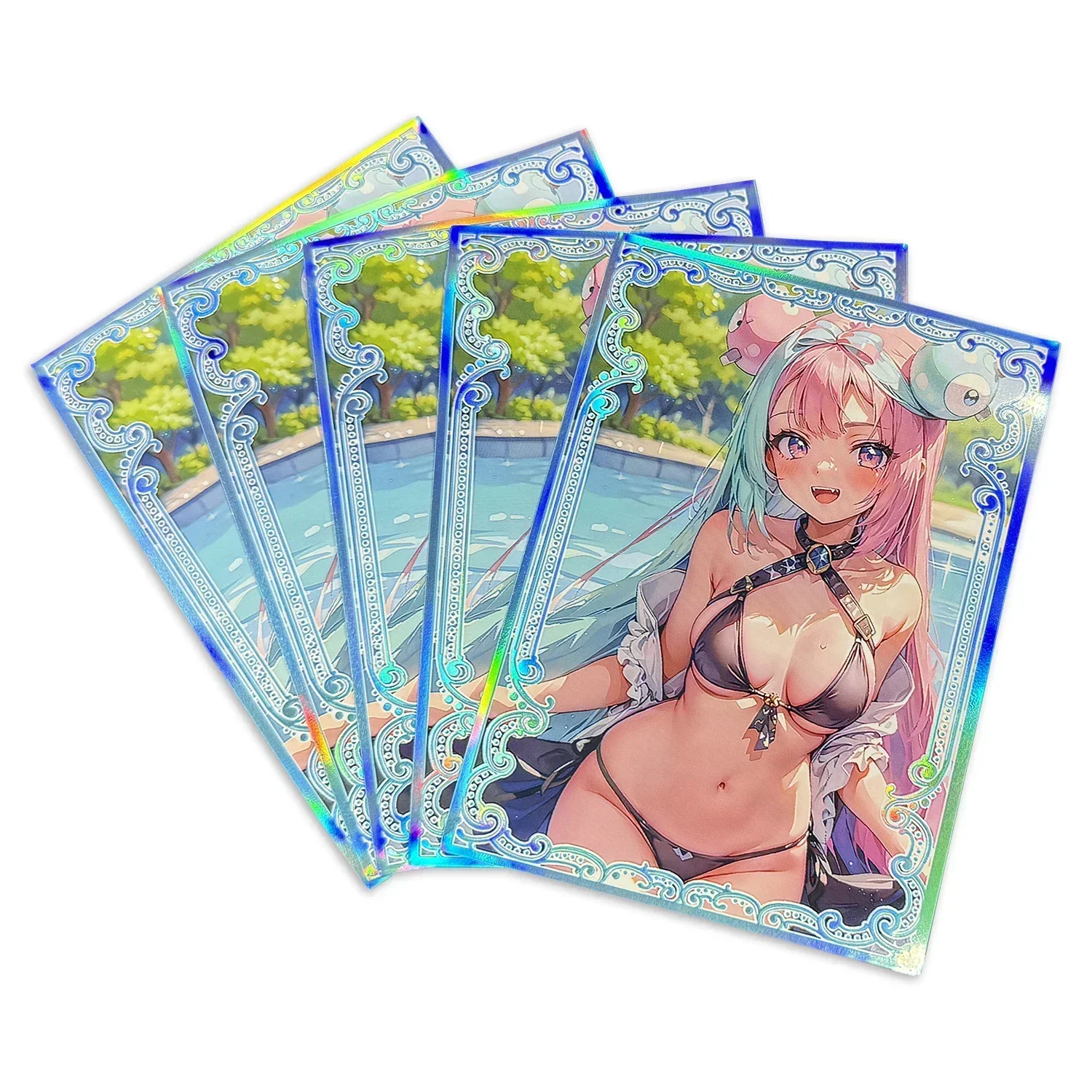 Folha holográfica mangas para meninas, protetor de cartão de negociação, tamanho padrão, arco-íris Laser Cover, bonito arco-íris, PKM, MGT, 60 pcs por saco, 67x92mm