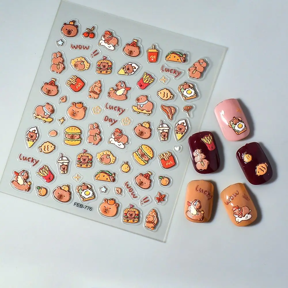 1/10pcs Cute Cartoon Capybara Nail Sticker Soft Embossed Brown Capibala Capybara Stickers Nail Art Decoration Multifunction