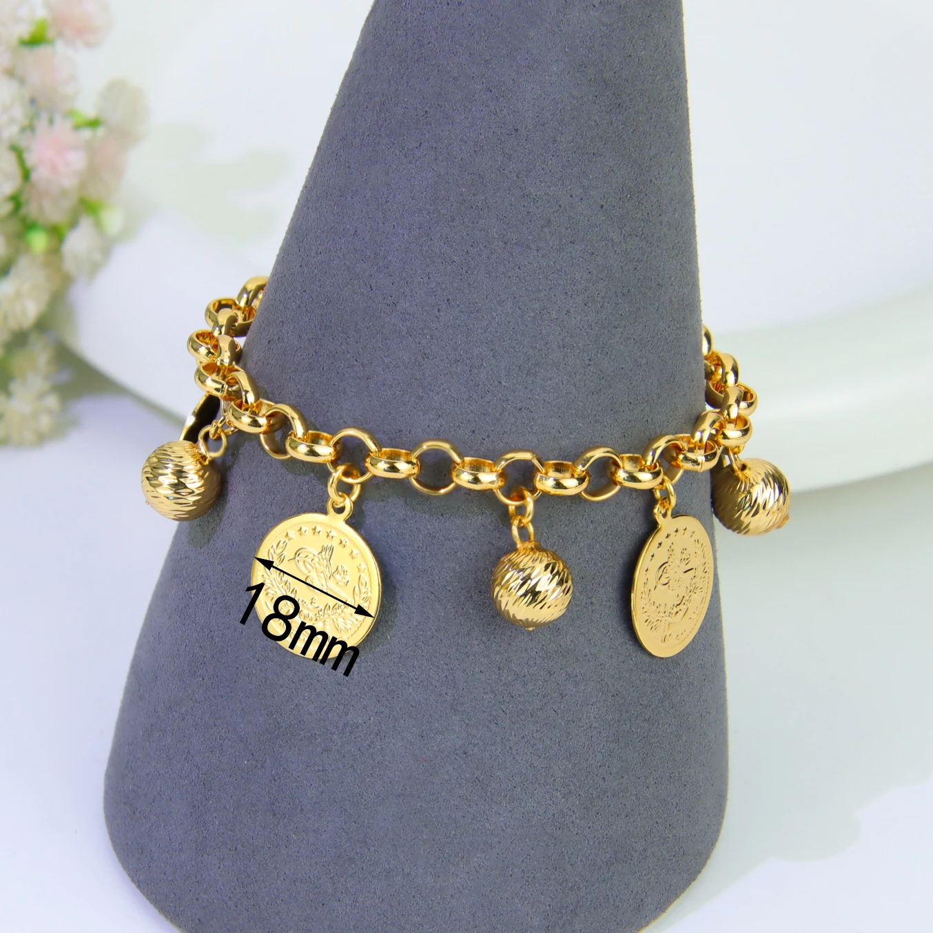 Klassisches arabisches Goldmünzen-Anhänger-Armband, 21 Karat vergoldet, Algerien, Brautmode, Handketten, Dubai, Damen, Hochzeit, Party-Schmuck – Detail 13