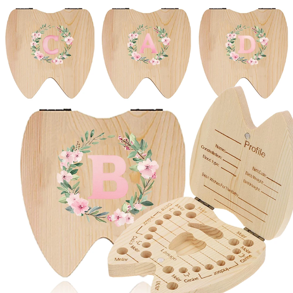 Wooden Deciduous Teeth Box Child Primary Teeth Organizer Case Lost Teeth Saver Container For Family Memory Wreath Letter Pattern