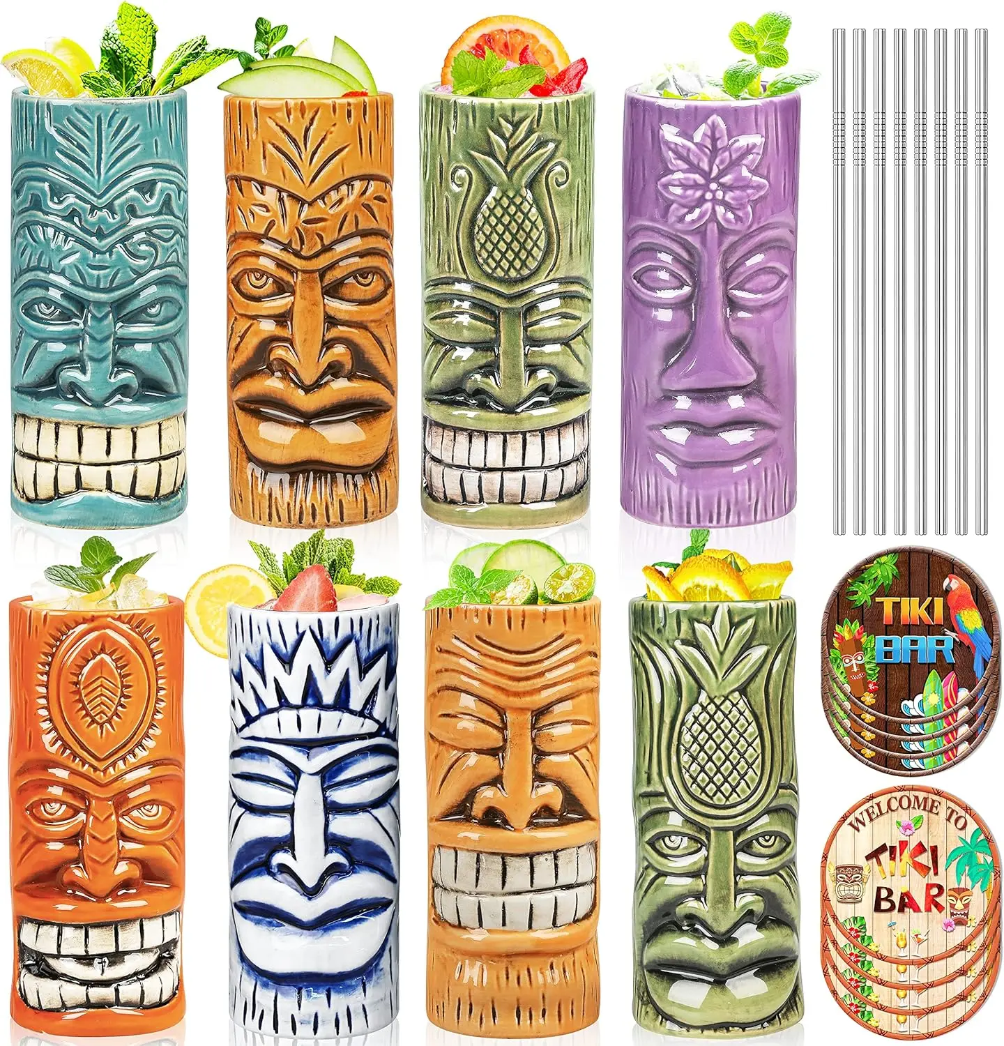 

Набор кружек Tiki из 8 штук — керамические стаканы Tiki с подставкой Tiki, уникальным коктейльным стаканом, профессиональной кружкой HawaiianTiki и Хэллоуин