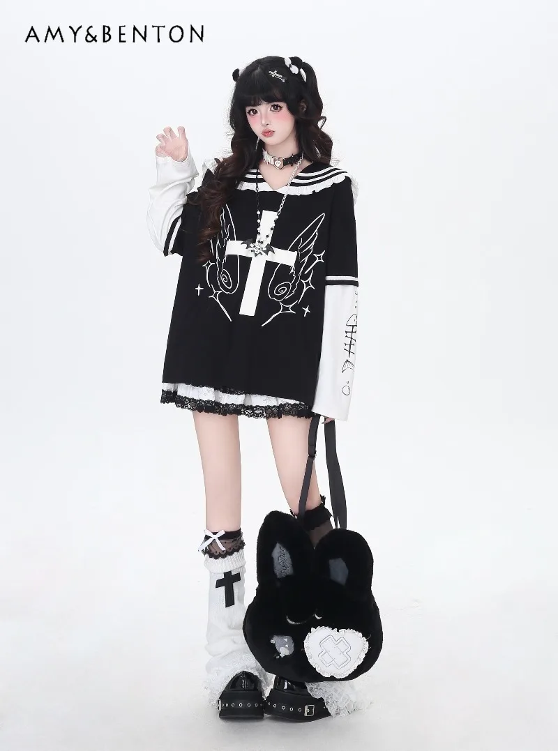 

Japanese College-style Sailor Collar Subculture Cross Print Top Detachable Sleeves Gothic Harajuku Color Block Oversized T-shirt