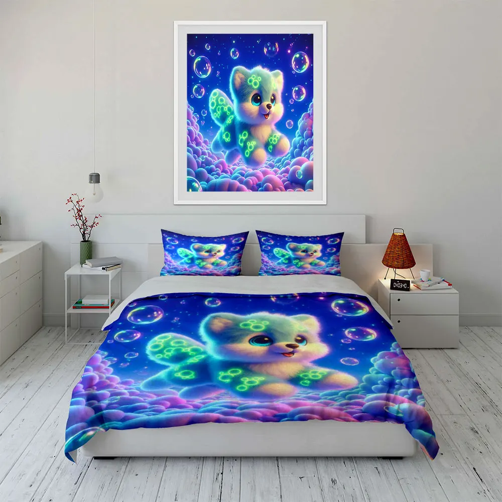 Dreamy glowing pup with bubbles Duvet Cover Set with 3D Printing Design Soft Polyester Bedding Set All-Season Comfort for gifts