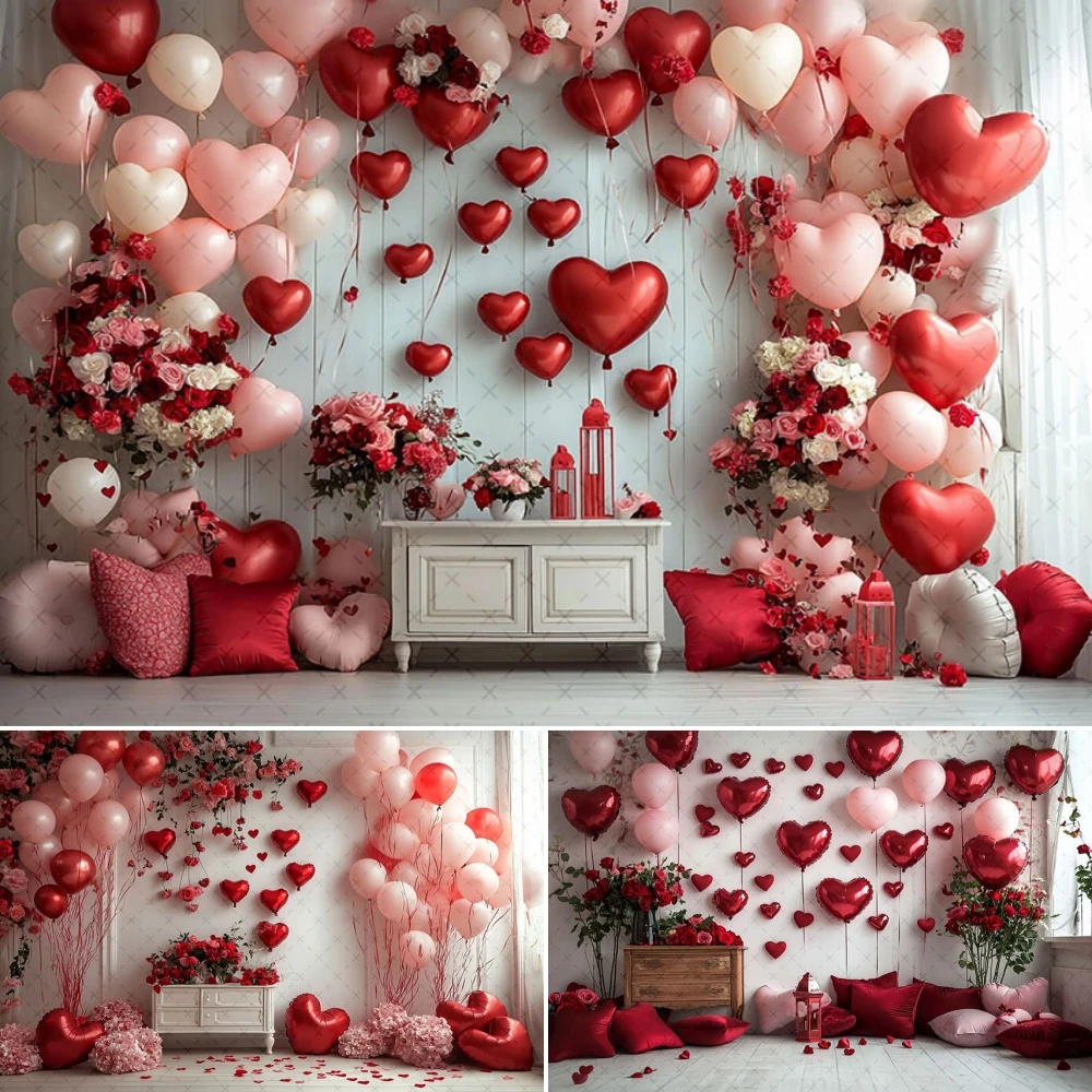 

Valentine's Day Balloons Backdrop Photo Red Balloons Flowers White Wall Kids Birthday Decor Photography Background Studio