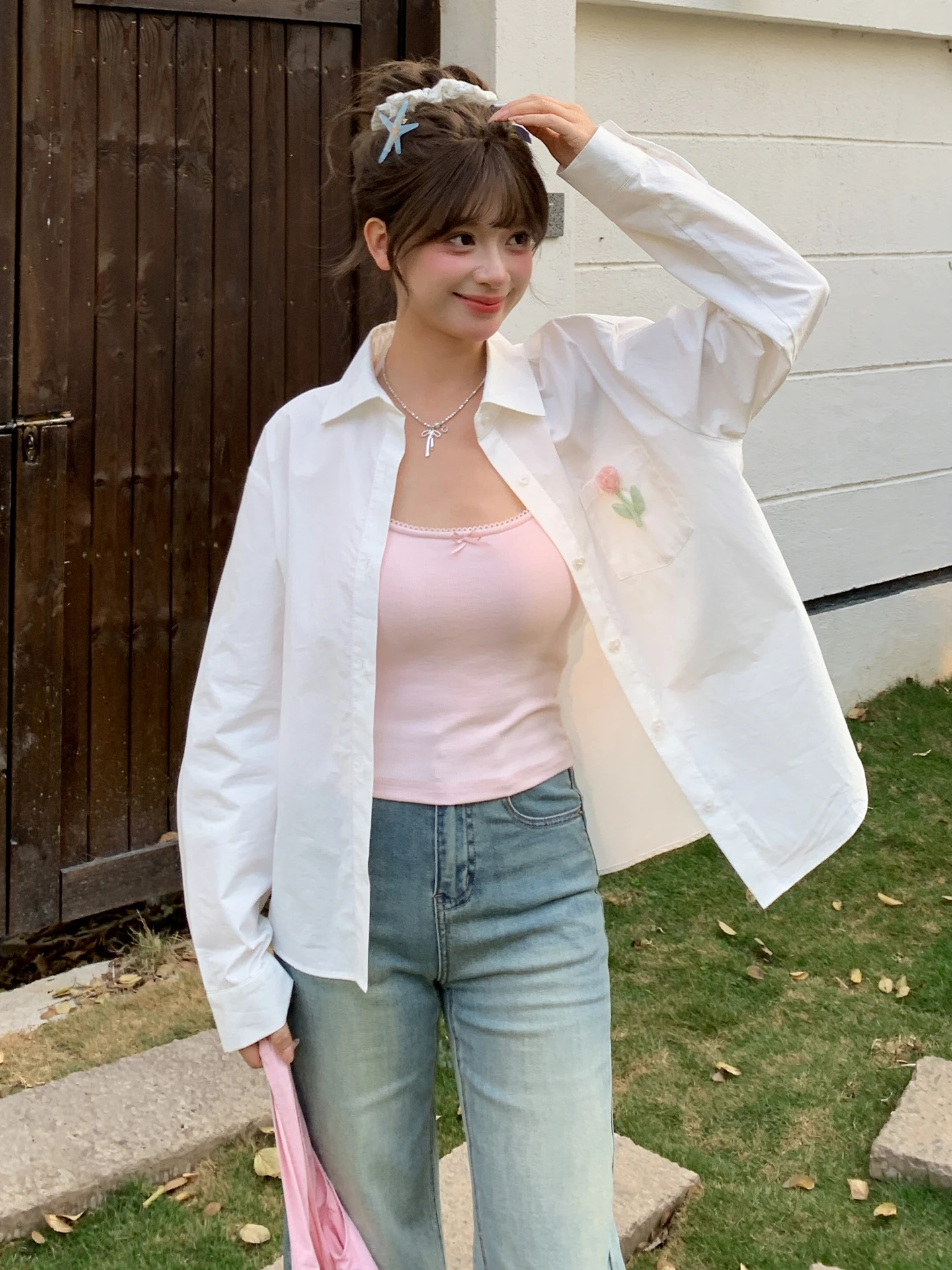 

Sweet Sle Embroidered Cotton irt Women's Loose Fit Collar Casual Top Spring Faion Youth Long Sve Warmth