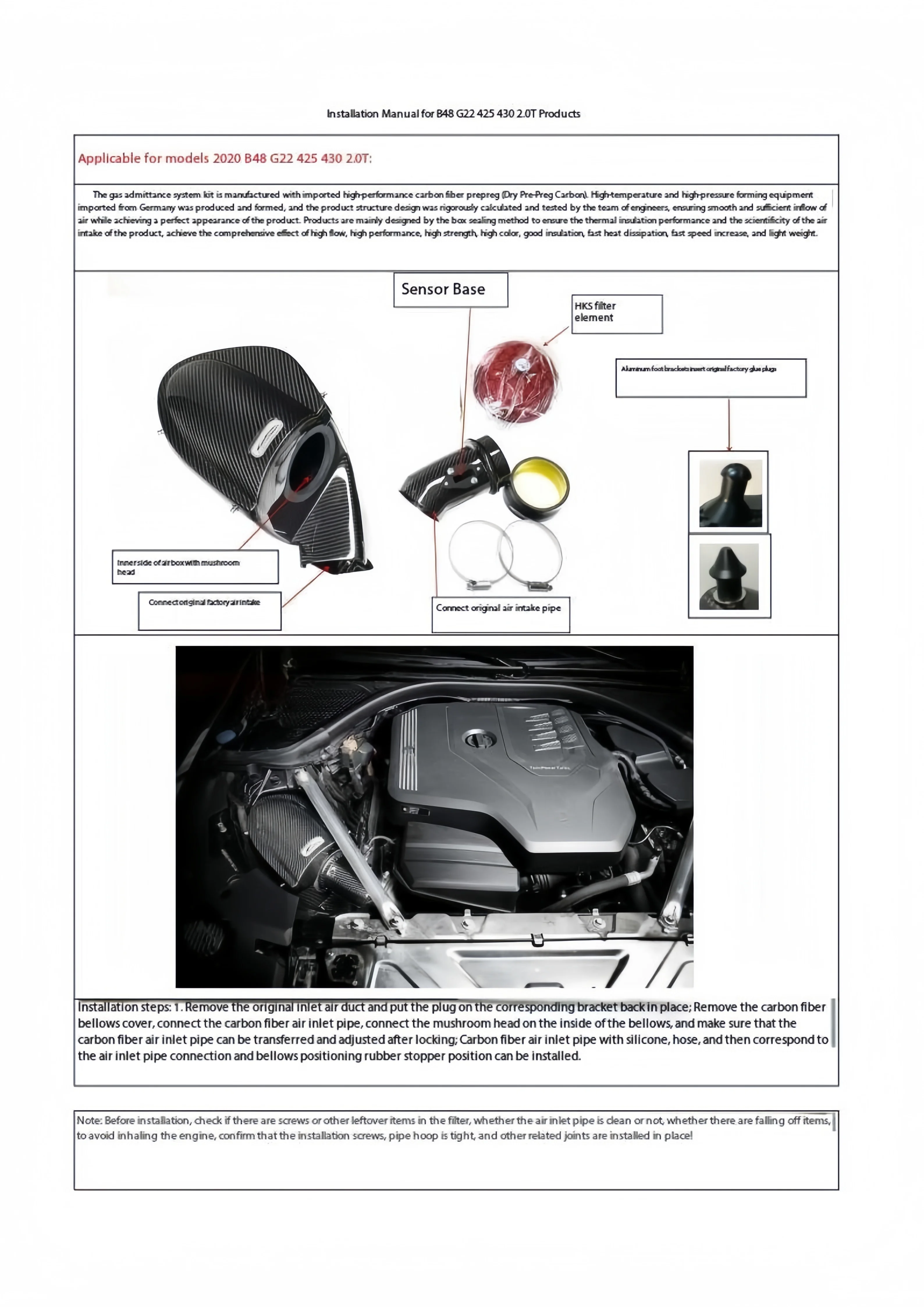 20-High Quality More Lightweight Real Dry Carbon Car Intake System For BMW B48 G22 425 430 2.0T GTR Engine Intake Pipe