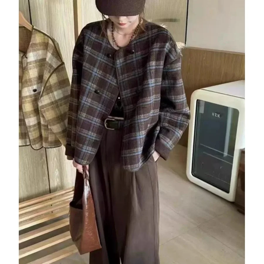 التخسيس منقوشة ort معطف فضفاض الجولة Ne الصوفية الرجعية تنوعا المرأة الخريف Faion جديد Sle تخفيف أنبوب مستقيم pe