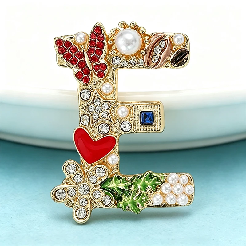 Wuli&baby Beautiful Butterfly English Letter E Brooches For Women Unisex Pearl Rhinestone E Name Letter Party Office Brooch Pin