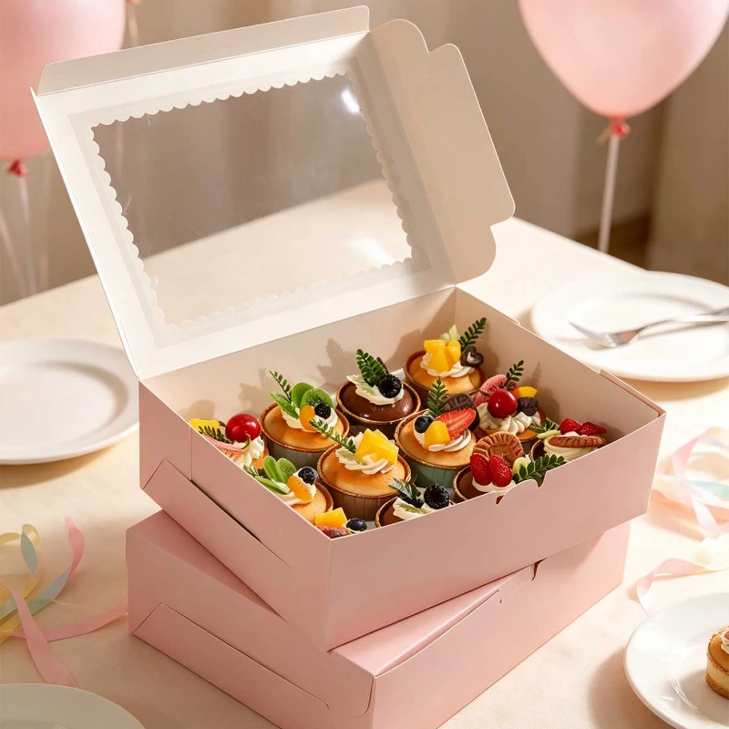 12 Cavity Pink Cupcake Box with Clear Scalloped Window, Paper Muffin Holder Box for Birthday Wedding Bakery Dessert Packaging