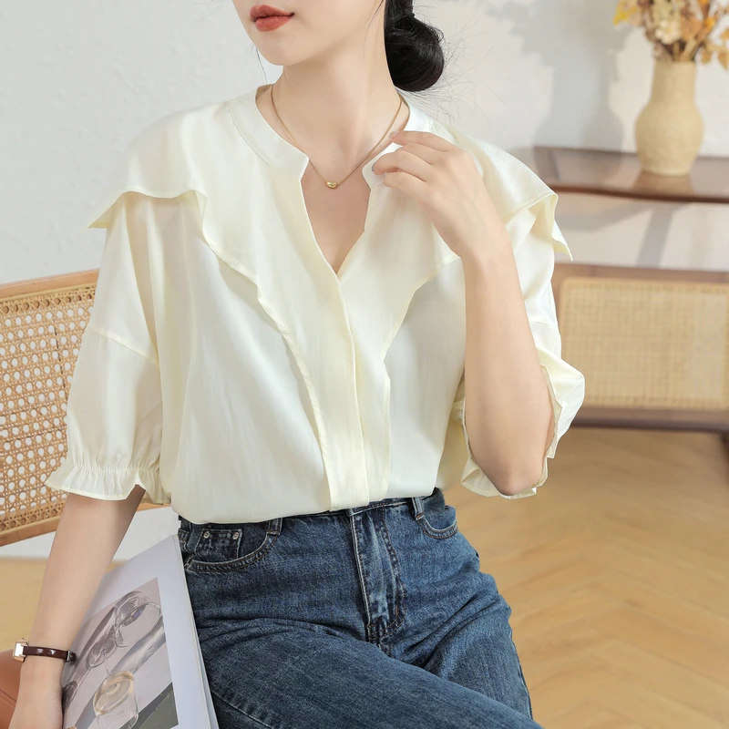 Summer Elegant Korean V-Neck Women's Blouse 2023 New Solid Fashionable Flare Sleeve Casual Office Shirts Tops Female