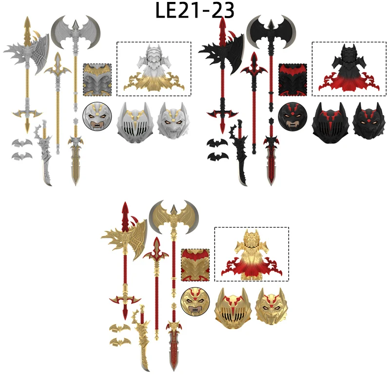 LE21-LE23 Figuras de Acción Berserk con Accesorios de Armas, Pantalones, Piezas de Pelo, Lanza, Hacha, Espada, Capa, Bloques de Construcción MOC, Set de Ladrillos, Regalos y Juguetes
