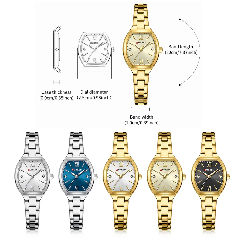 CURREN Vintage Style Tonneau Case Elegant Petite Quartz Watch for Women Luminous Hands with Stainless Steel Bracelet Lightweight